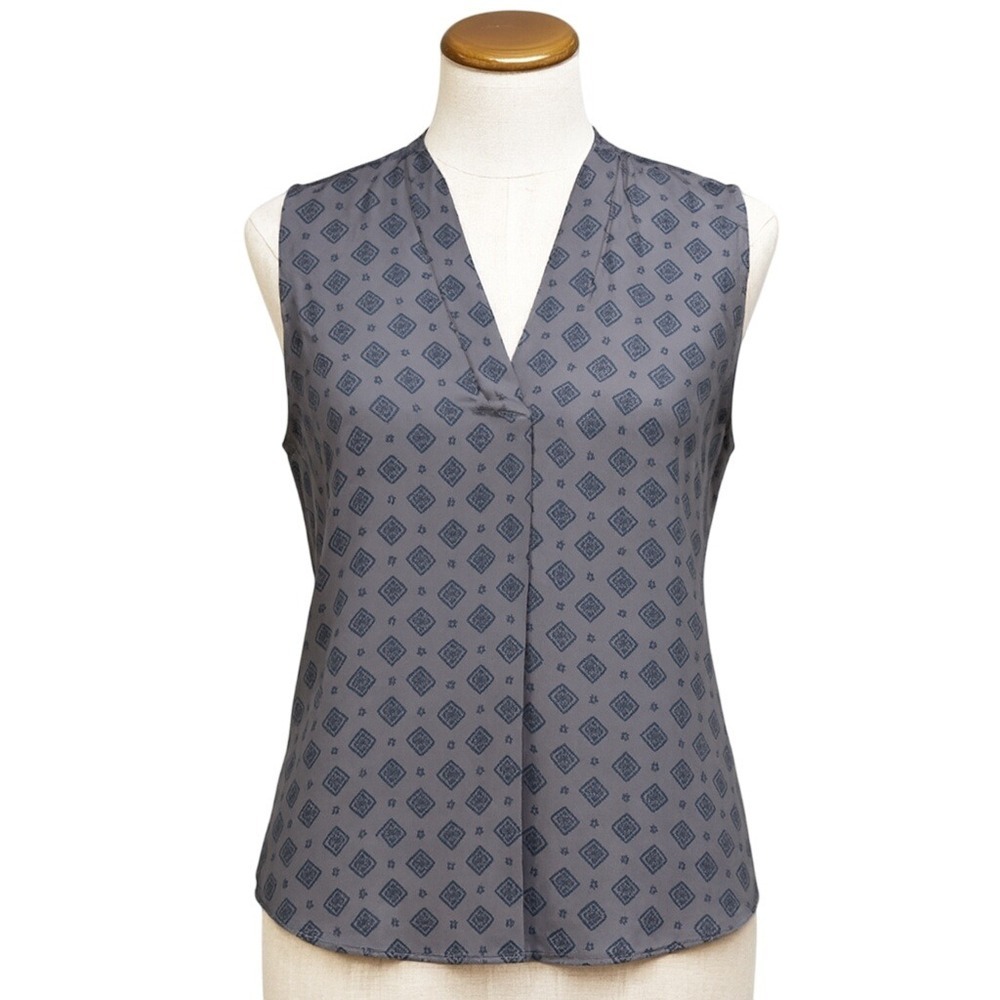 LOFT Geometric Print Sleeveless V Neck Blouse Pleated‎ Back Grey Blue M Womens